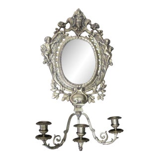 Antique 19thc Ornate Baroque Brass Cherub Goddess Wall Mirror 3 Arm Candelabra For Sale
