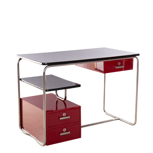 Small Vintage Bauhaus Desk in Red and Black Lacquered, 1930s For Sale