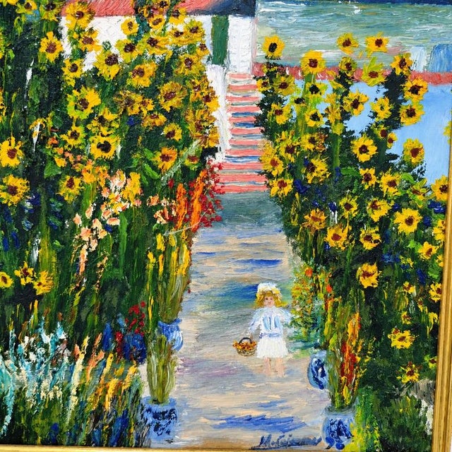M. Gimenez - country house with sunflowers and girl. Author: m. Gimenez. Signature: “m. Gimenez”, in the lower right...