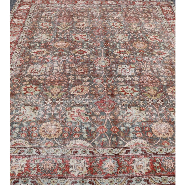 Traditional Antique Tabriz With All-Over Floral Sub-Geometric Design in Charcoal and Red 8'0 X 11'6 For Sale - Image 3 of 16