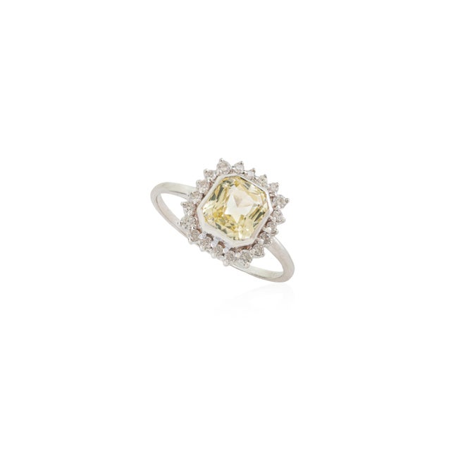 Art Deco 14k White Gold Yellow Sapphire & Diamond Art Deco Ring Size 5 For Sale - Image 3 of 14