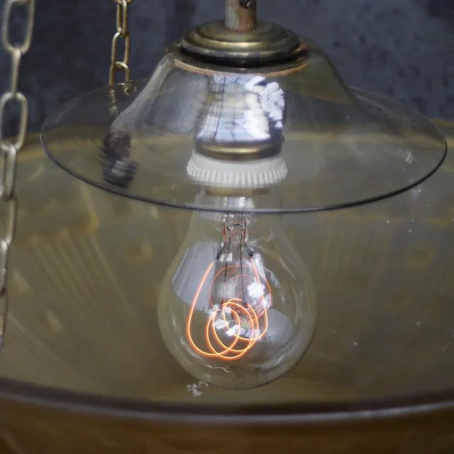 1920s French Art Deco Brass and Etched Ochre Glass Pendant Light, 1920s For Sale - Image 5 of 10