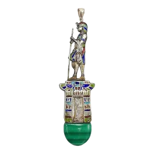Egyptian Revival 800 Silver Enamel Figurative Pendant with Malachite