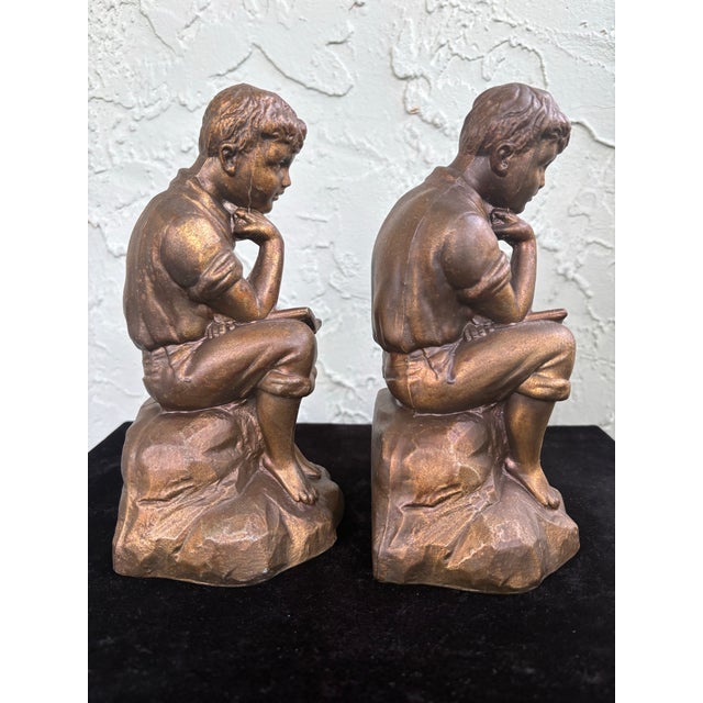 Vintage Bronze-Tone Seated Boy Figural Bookends, Art Deco Style, C. 1920s–1930s (Pair) For Sale In Orlando - Image 6 of 9
