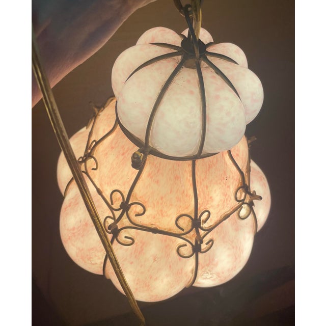 Mid 20th Century Mid Century Modern Italian Mottled Pink Cased Glass Caged Pendant Light Lantern For Sale - Image 6 of 12