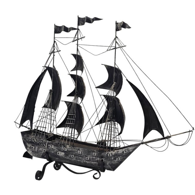 Nautical Vintage Tin Metal Three-Masted Galleon / Clipper Ship Sculpture, 24" For Sale - Image 3 of 10