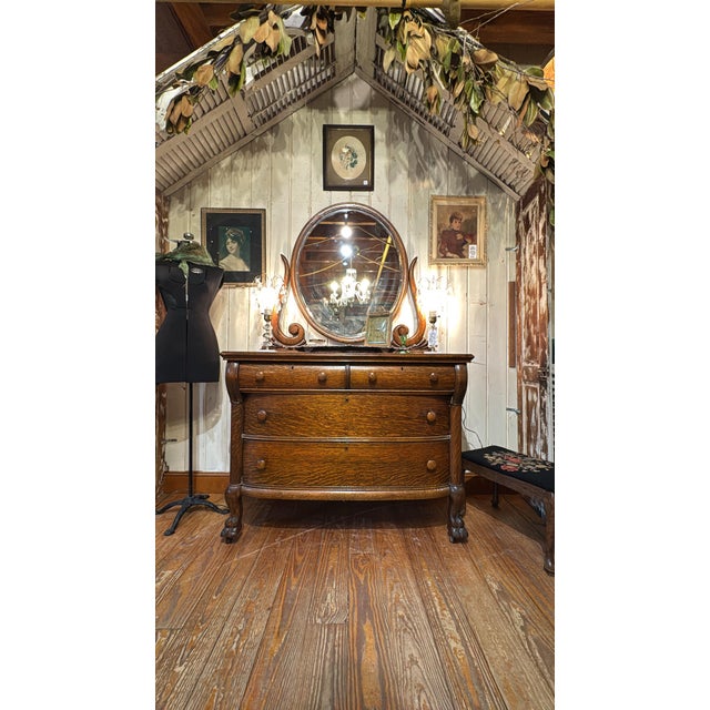 Wood Vintage Tiger Oak Victorian Dresser With Beveled Mirror & Clawfeet. For Sale - Image 7 of 12