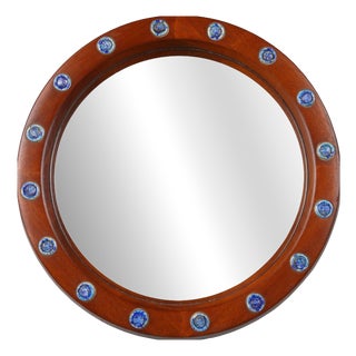 French Round Wooden Mirror with Blue and White Glass Decoration, 1960s For Sale