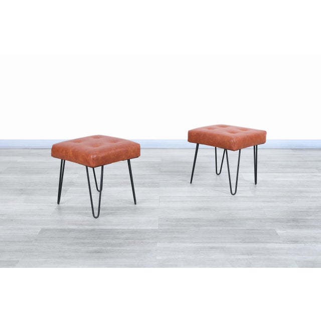 Mid-Century Modern Mid-Century Modern Cognac Leather and Iron Harp Leg Stools, 1950s For Sale - Image 3 of 11