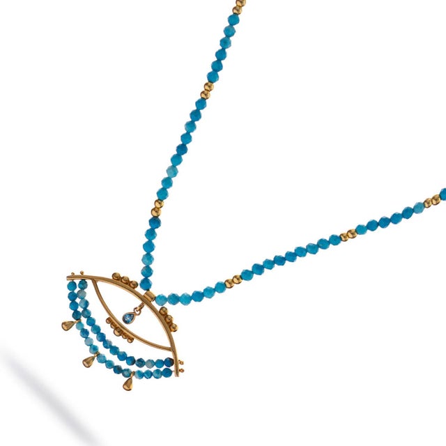 Turquoise Turquoise Beaded Chain Evil Eye Topaz Gold Necklace For Sale - Image 8 of 11