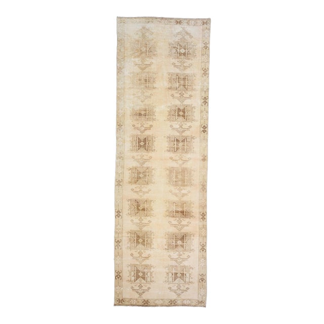 1970s Vintage Turkish Handmade Wool Cotton Beige Runner Rug For Sale