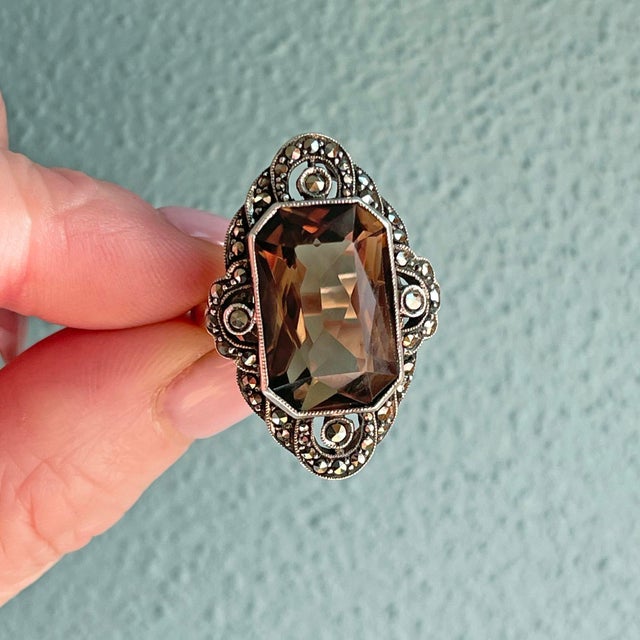 Metal 1940s Vintage Silver Marcasite Citrine Ring, Size 8 For Sale - Image 7 of 9