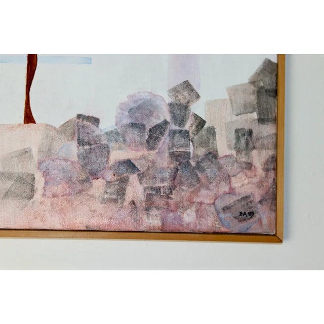 Title: abstract composition with geometric elements this intriguing oil painting features an abstract scene with soft,...