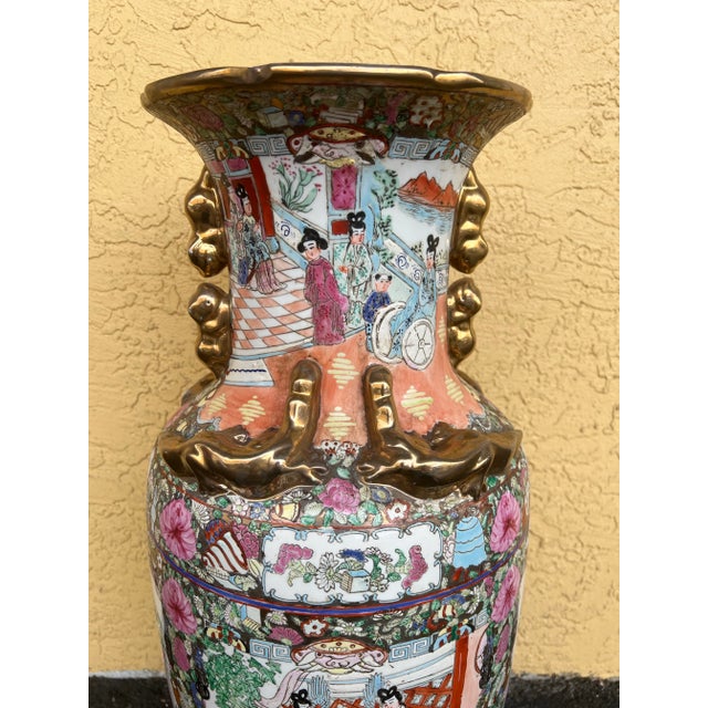 Mid-Century Modern Vintage Famille Rose Vase and Hand Painted in Pastels With Heavy Gold Accents For Sale - Image 3 of 11