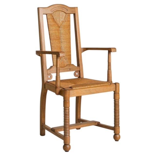 French Wood + Rush Armchair in Style of Francis Jourdain, 1950s - 2 Available For Sale