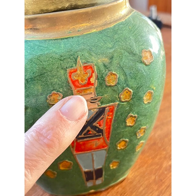 Green Vintage Solid Brass Cloisonne Nutcracker Soldier Vase For Sale - Image 8 of 8