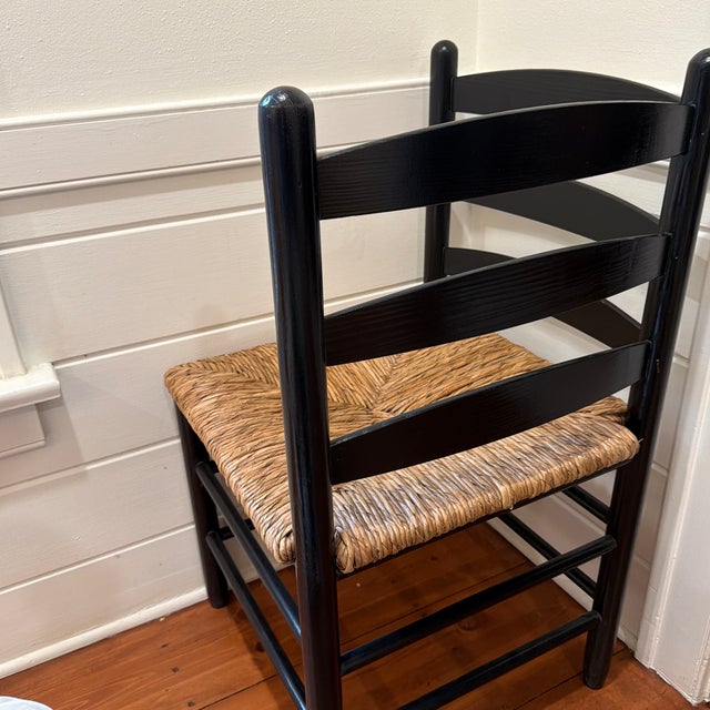 Textile Vintage Mid-Century Ebonized Ladder-Back Corner Chair With Woven Rush Seat For Sale - Image 7 of 8