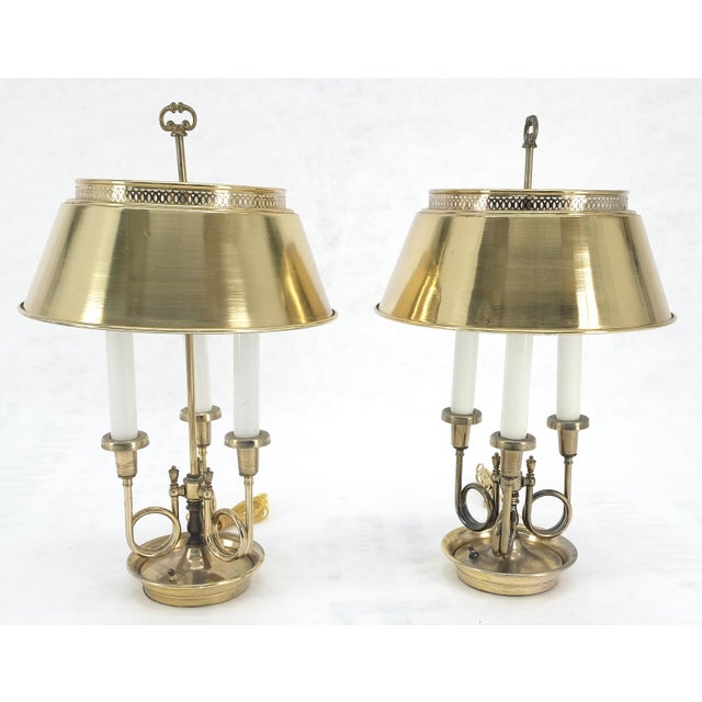 Pair of Unusual Brass Shades Brass Bases Bouillotte Table Lamps MINT! For Sale - Image 6 of 15