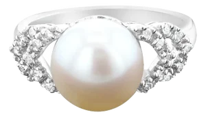 Freshwater White Pearl Diamond Ring .10cttw 14k White Gold, Size 3