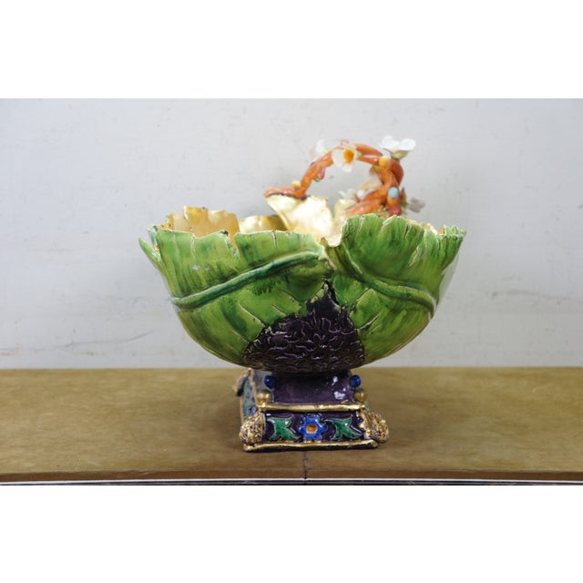 Antique Italian Majolica Footed Banana Leaf Centerpiece Monteith Bowl 26" For Sale - Image 10 of 17