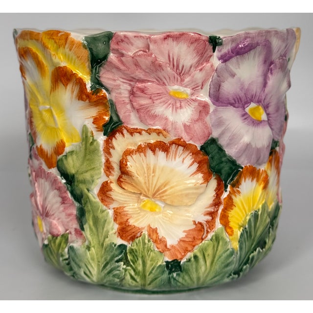 Vintage Italian Floral Majolica Style Cache Pot For Sale - Image 4 of 7