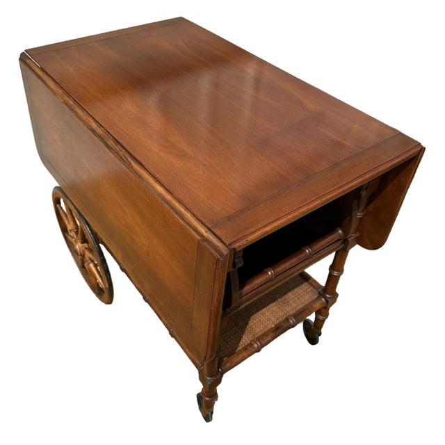 Mid-Century Modern Vintage Wood Rolling Bar Cart by Hekman With Faux Bamboo, Woven Rattan, Large Wheels and Expanding Drop Leaf Table Top For Sale - Image 3 of 11