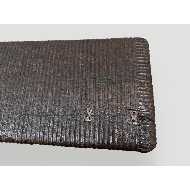 Andrianna Shamaris Impressive Hand Carved Espresso Stained Teak Wood Bench For Sale - Image 4 of 18