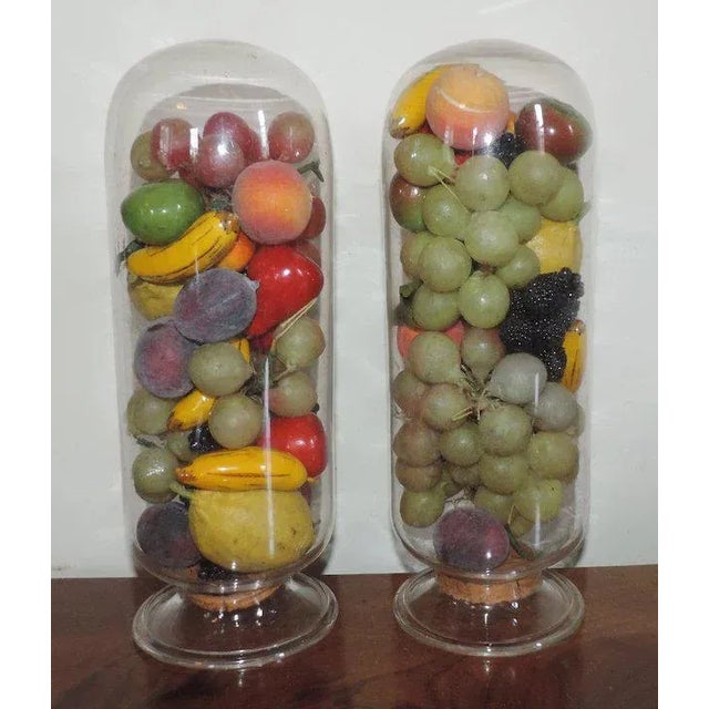 Paper 19th Century Victorian Wax & Papier Mache Fruit Pyramids in Glass Domes with Cork Stoppers - A Pair For Sale - Image 7 of 11