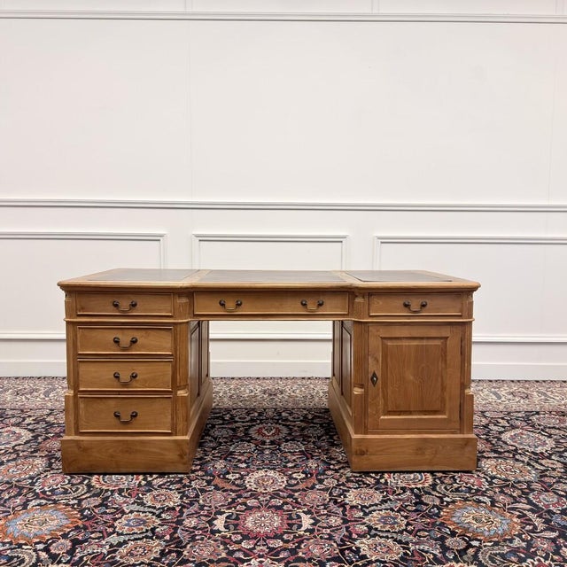 English Teak Desk with Brown Leather Top For Sale - Image 3 of 18