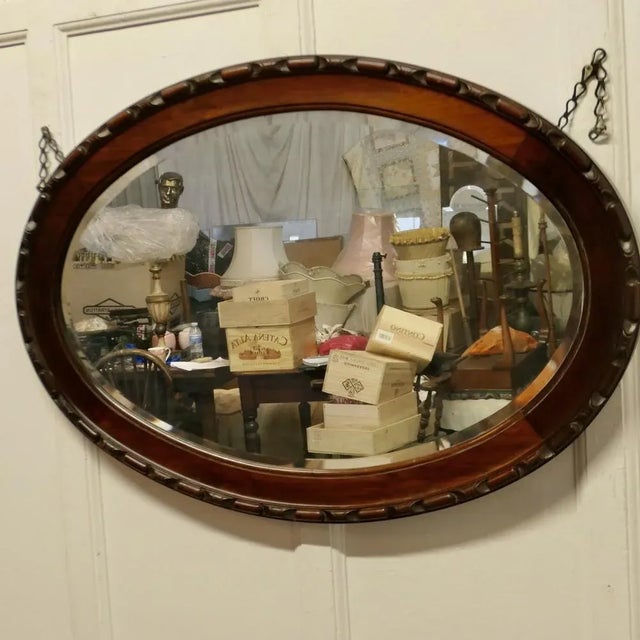Wood Large Edwardian Carved Walnut Oval Mirror, 1890s For Sale - Image 7 of 9