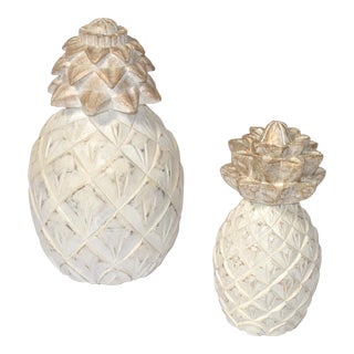 1980s Set 2 Hollywood Regency Carved White Bleached Pineapple Figurine Statue Sculpture Bookends For Sale