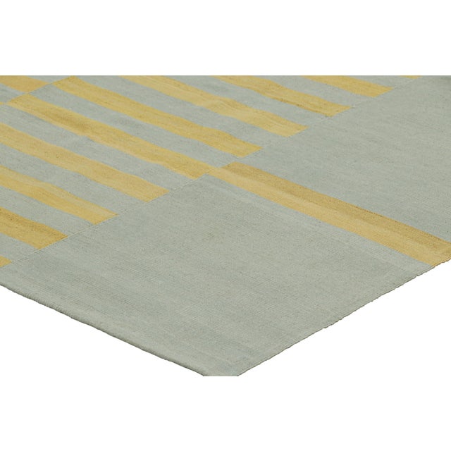 Rug & Kilim’s Contemporary Kilim With Textural Gold, Cream and Blue Stripes For Sale In New York - Image 6 of 7