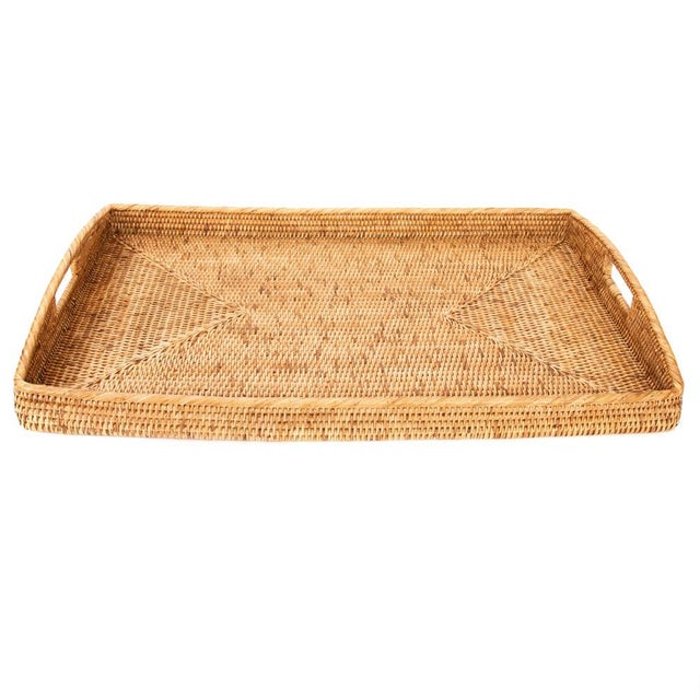 Boho Chic Artifacts Rattan Rectangular Ottoman Tray with High Handles in Honey Brown - 28" For Sale - Image 3 of 7