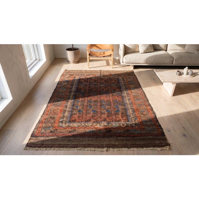 1930s Brown Geometric Tribal Antique Baluch Turkman Rug 3'6" X 6'2" Handknotted Wool Carpet For Sale - Image 9 of 9