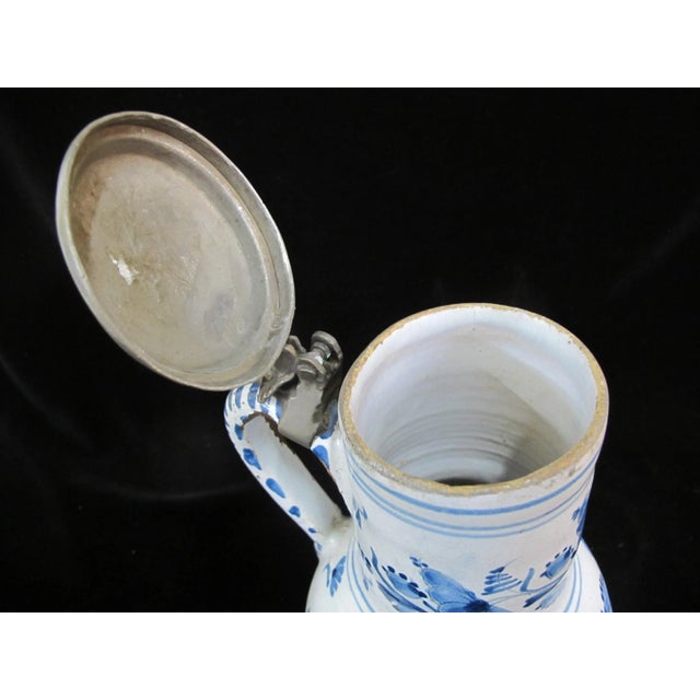Blue German Faience Pottery Pewter Mounted Blue & White Birnkrug Tankard Pitcher For Sale - Image 8 of 11