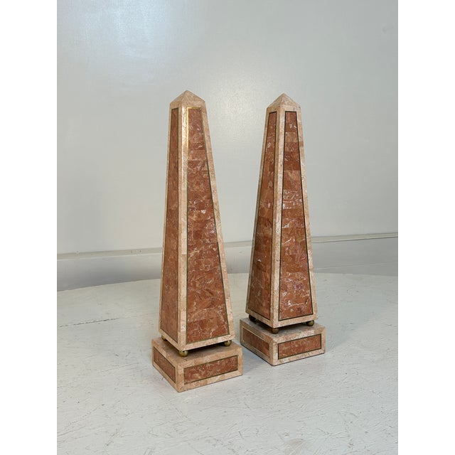Brown Large Pair of 1970s Maitland Smith Tessellated Stone & Brass Inlaid Obelisks For Sale - Image 8 of 8