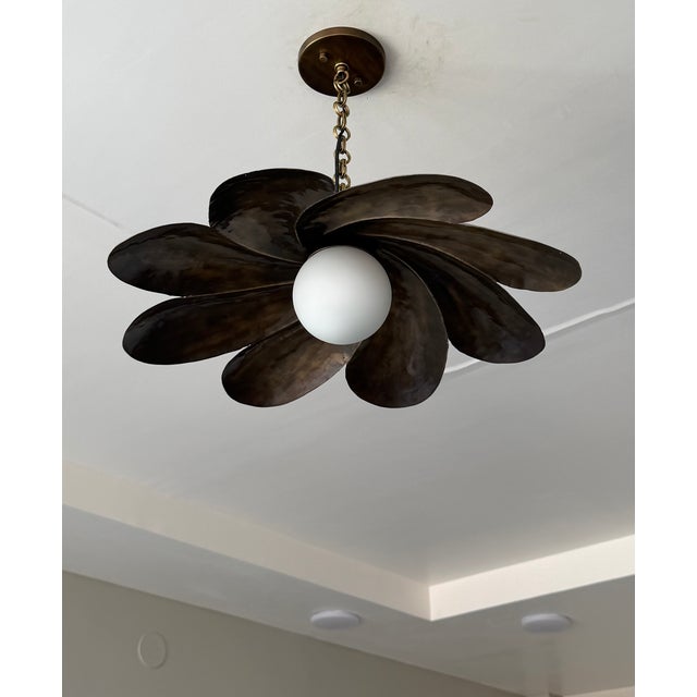 Handmade Black Antique Brass Finish Pendant Light, Floral Metal Ceiling Light, Milk Glass Globe, Vintage Home Decor For Sale - Image 6 of 13