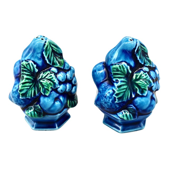 Mid-Century Inarco Blue Mood Indigo Majolica Fruit Topiary Salt & Pepper Shaker Set For Sale