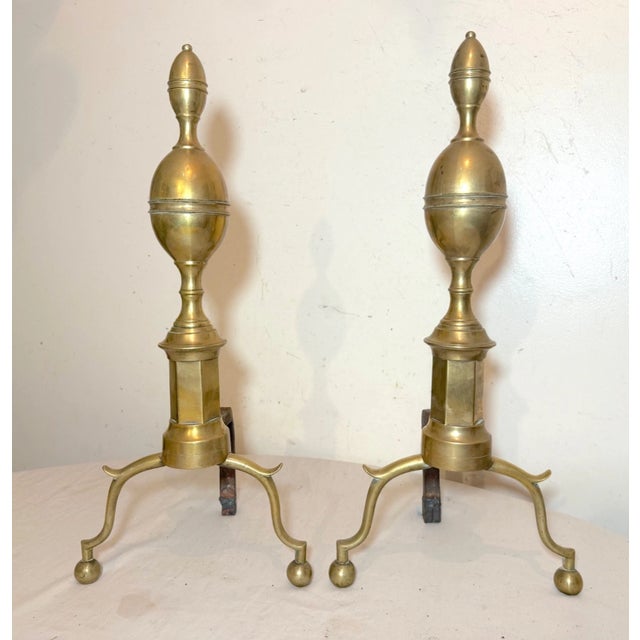 Pair of Antique 1700's Peened Brass Wrought Iron Federal Double Lemon Andirons For Sale - Image 11 of 12
