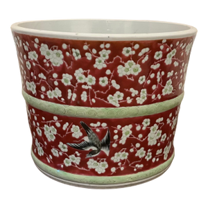 Antique 19th Century Chinese Porcelain Flower Vase or Brush Pot With Birds and Prunus