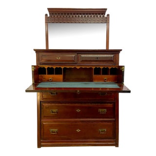 Antique Victorian Eastlake Secretary Desk Chest of Drawers With Mirror and Keys For Sale