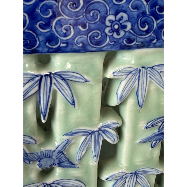 Ceramic Large Pierced Celadon Faux Bamboo Ceramic Umbrella Stand or Jardinière For Sale - Image 7 of 12