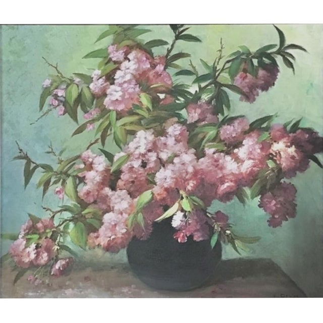 Antique Hand-Painted Still Life Oil on Canvas, Cherry Blossoms by E. Devos in Original Frame A beautifully painted floral...