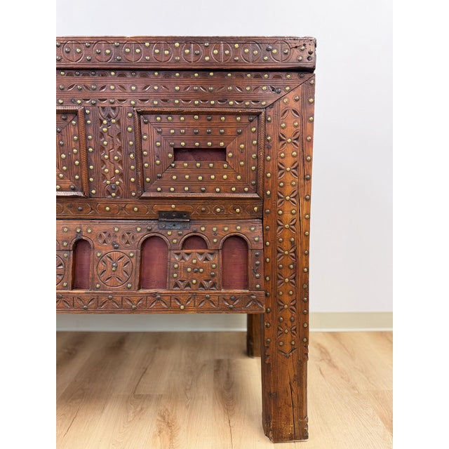 Wood Antique Indian Dowry Chest 19th Century Brass Studs Iron Medieval Style Console For Sale - Image 7 of 12
