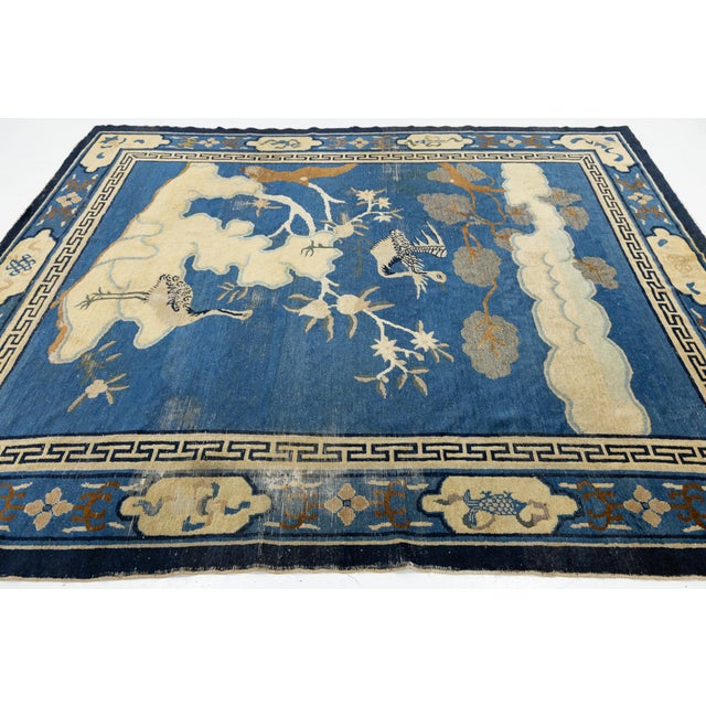 Antique Chinese Peking Art Deco Wool Rug in Indigo Blue and Cream, Circa 1920s For Sale - Image 9 of 12