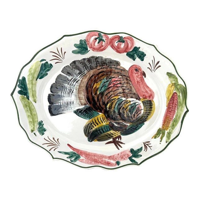 Vintage Italian Majolica Glazed Large Turkey Plater For Sale