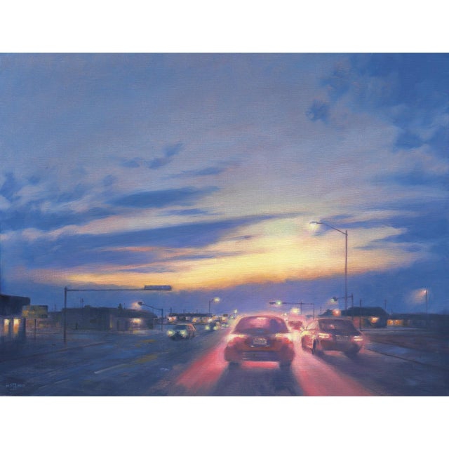 The painting captures a serene twilight scene of a suburban street, where cars are illuminated by soft, ambient light as...
