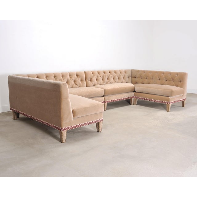 Hollywood Regency Bespoke Tufted Velvet 4-Piece Banquette Sectional Sofa 12 Ft For Sale - Image 3 of 18