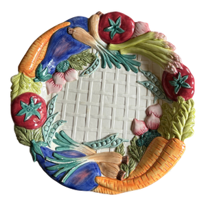 1980s Vegetable Garden by Fitz and Floyd. Hand Painted Glazed Ceramic. 12.5” Diameter. Round