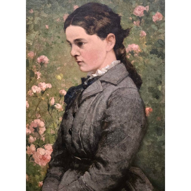 Textile John Ferguson Weir-Portrait of Marion Eckford Harwood -19th Century Oil Painting For Sale - Image 7 of 13